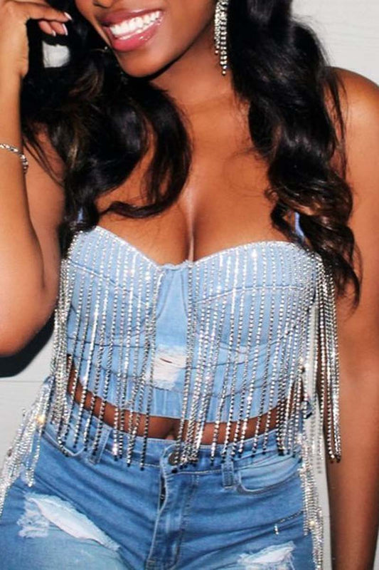 Plus Size Off The Shoulder Fringe Denim Short Top