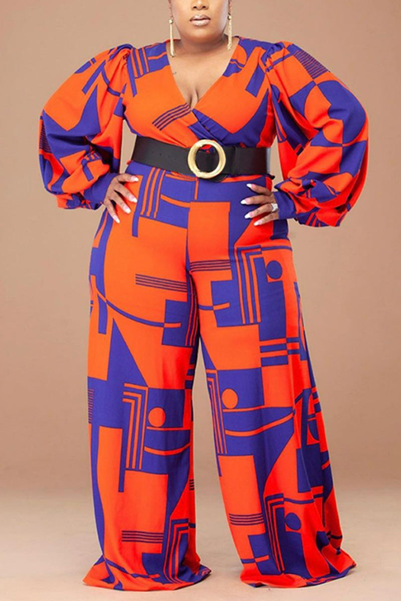 [Pre-Sale] Plus Size Casual All Over Print Long Sleeves Wide Leg Jumpsuit (Without Belt)