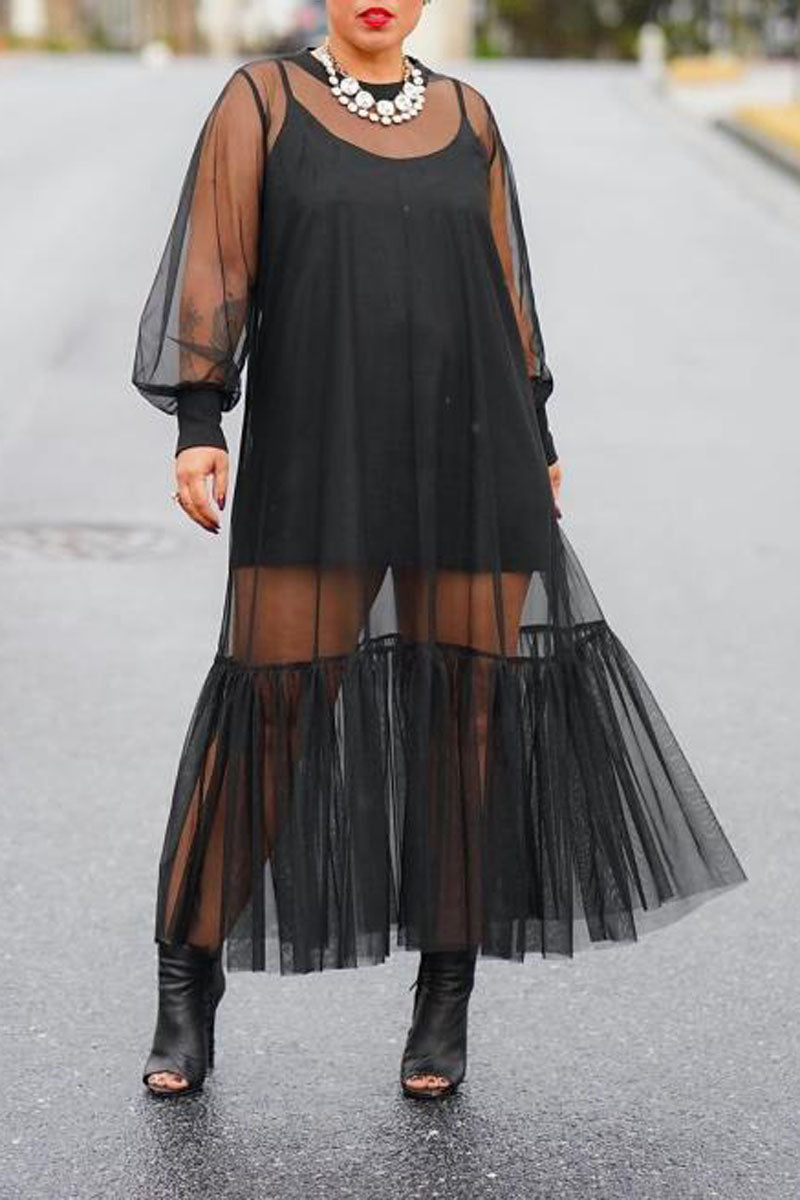 Plus Size Black Sheer Tulle Long Sleeve See-through Maxi Dresses (With Underwear)