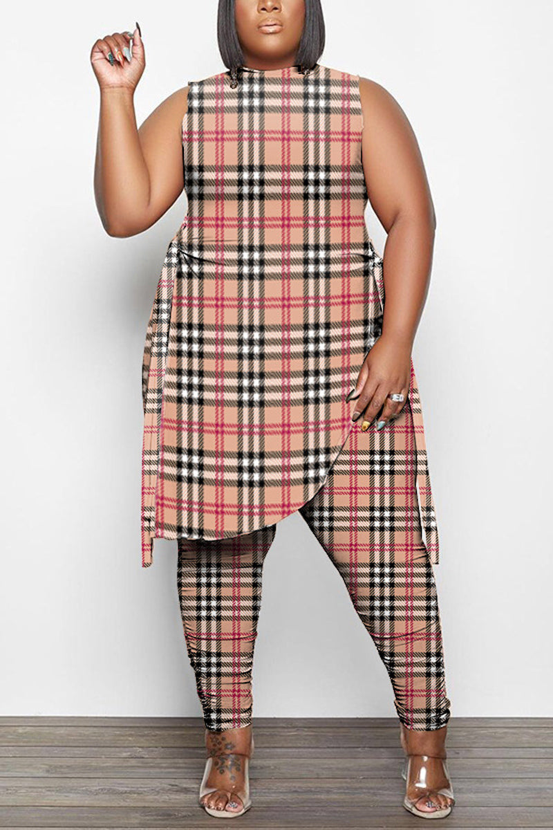 Plus Size Casual Plaid Print Sleeveless Skinny Pant Two Piece Set