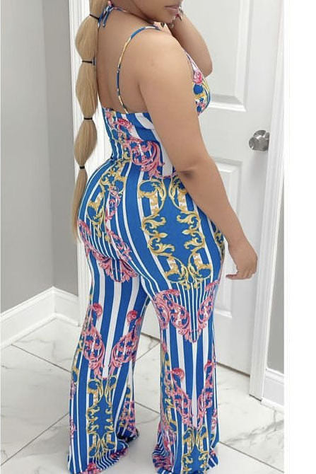 Plus Size All Over Print Striped Lace Up Jumpsuit