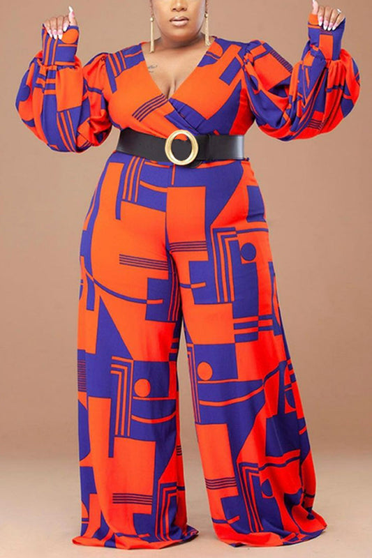 [Pre-Sale] Plus Size Casual All Over Print Long Sleeves Wide Leg Jumpsuit (Without Belt)