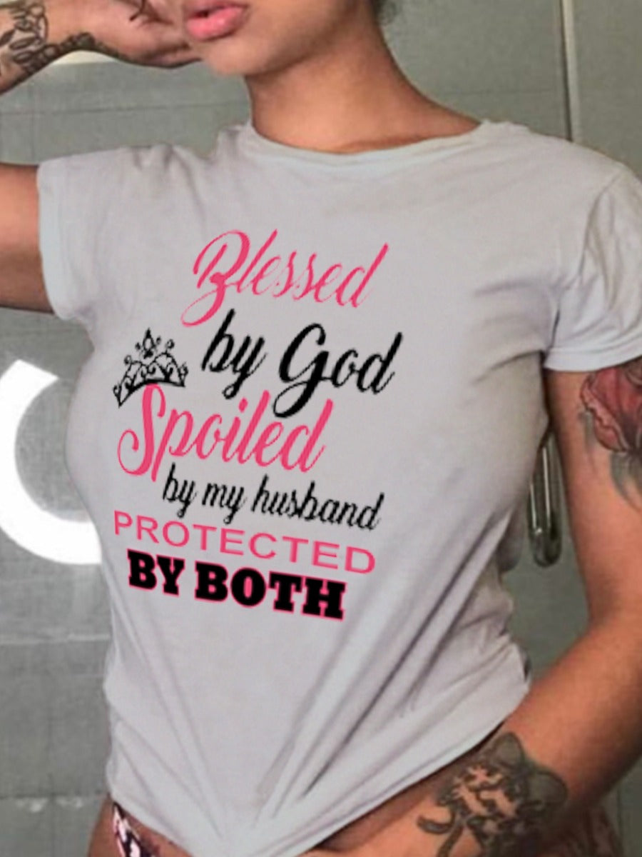 Plus Size Casual Blessed By God Round Neck Short Sleeve T Shirt