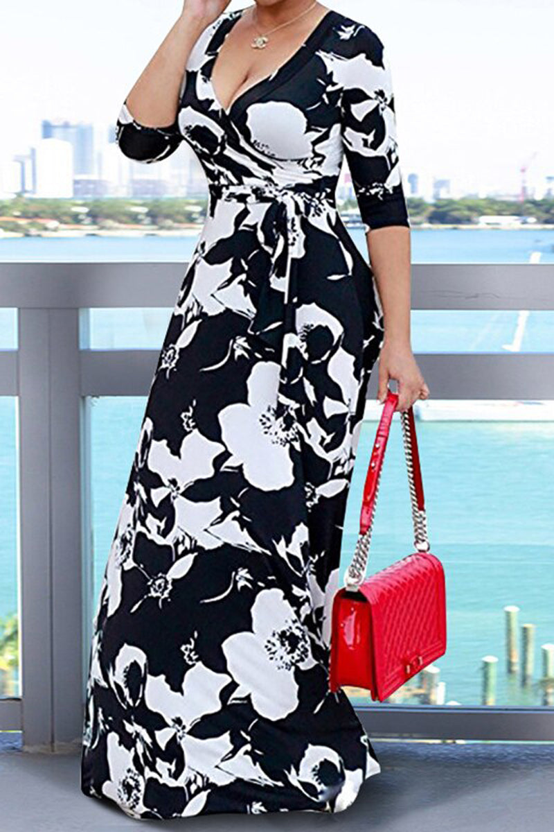 Plus Size Casual Floral Print Long Sleeve Sash Belt Maxi Dress