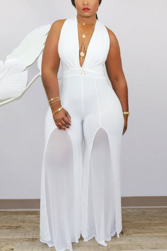 Plus Size Solid Patchwork Tulle Ruched See-through Deep V Neck Sleeveless Jumpsuits