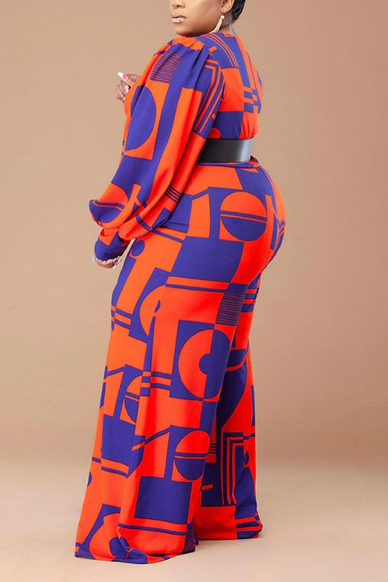 [Pre-Sale] Plus Size Casual All Over Print Long Sleeves Wide Leg Jumpsuit (Without Belt)