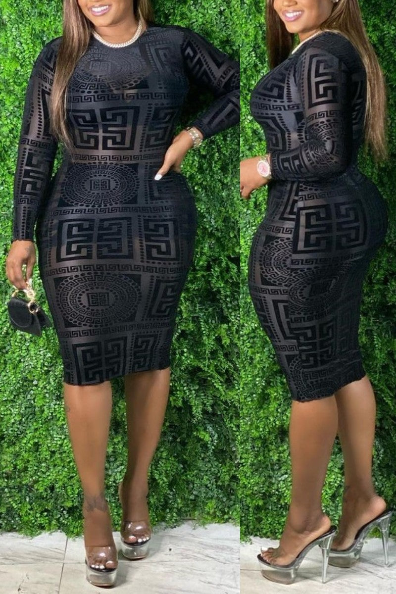 Plus Size Printed Little Black Long Sleeve Midi Dress