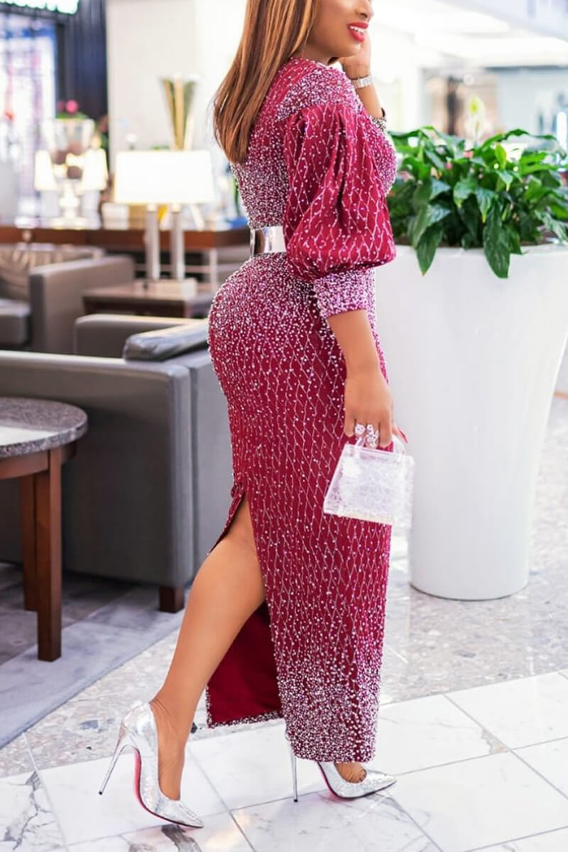 Plus Size Elegant Formal Cut Out Long Sleeve Sequin Maxi Dress(Without Belt)
