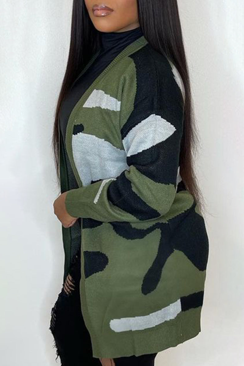 Plus Size Casual Camouflage Print Long Sleeve Sweater Outwear