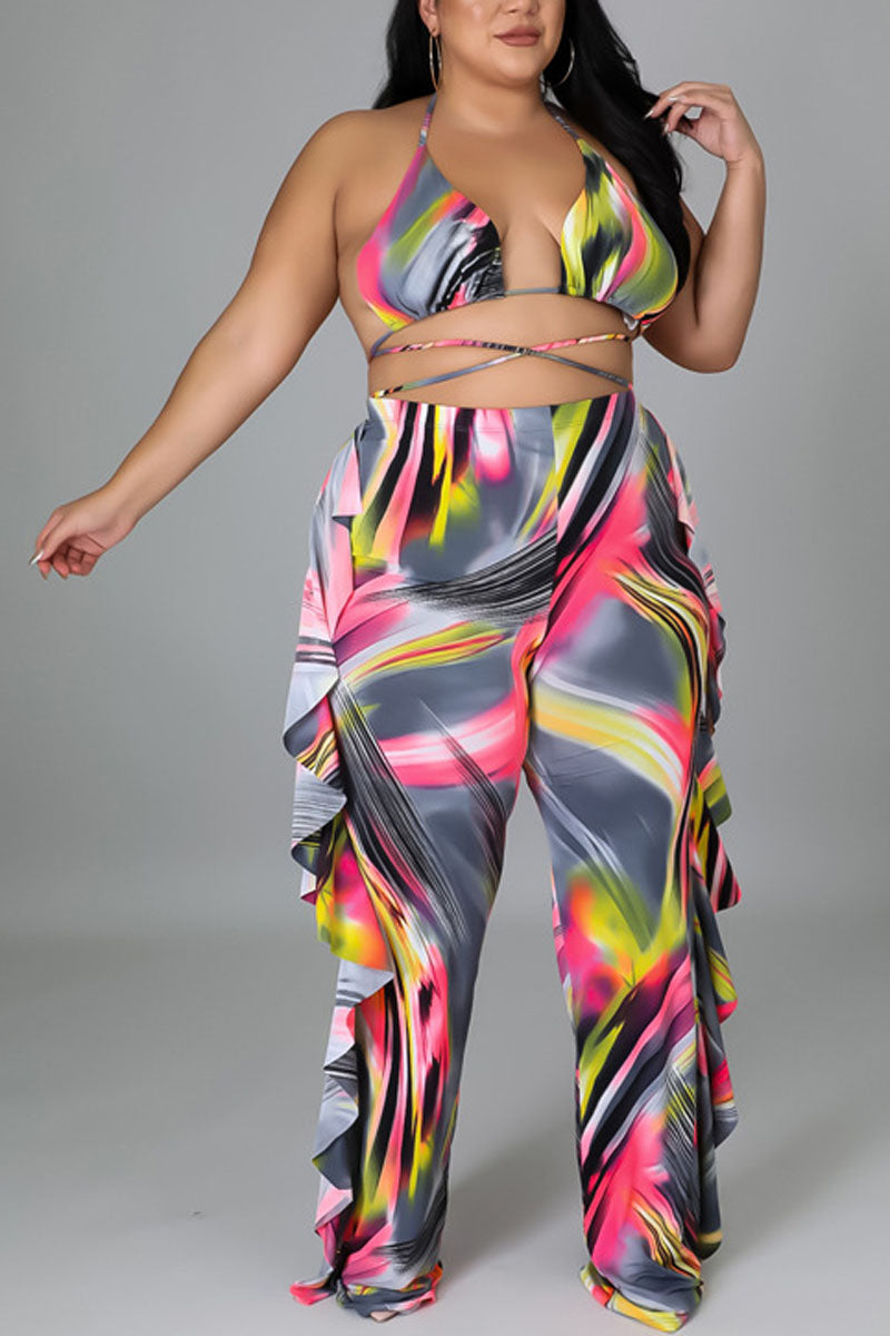 Plus Size Halter All Over Print Swimsuit Pant Three Piece Set