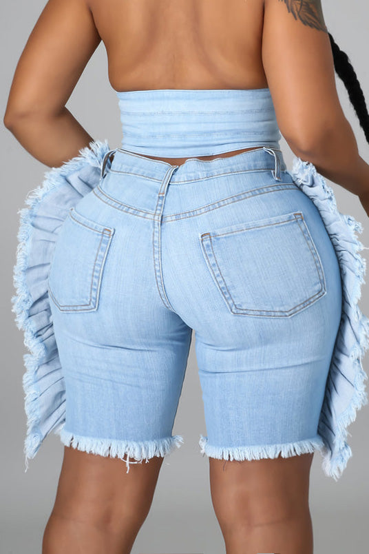 [Pre-Sale] Plus Size Casual Blue Ruffle Denim Shorts