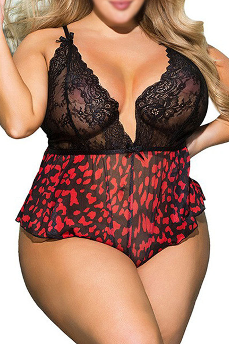 Plus Size V Neck Lace Polka Dots Cami Lingerie