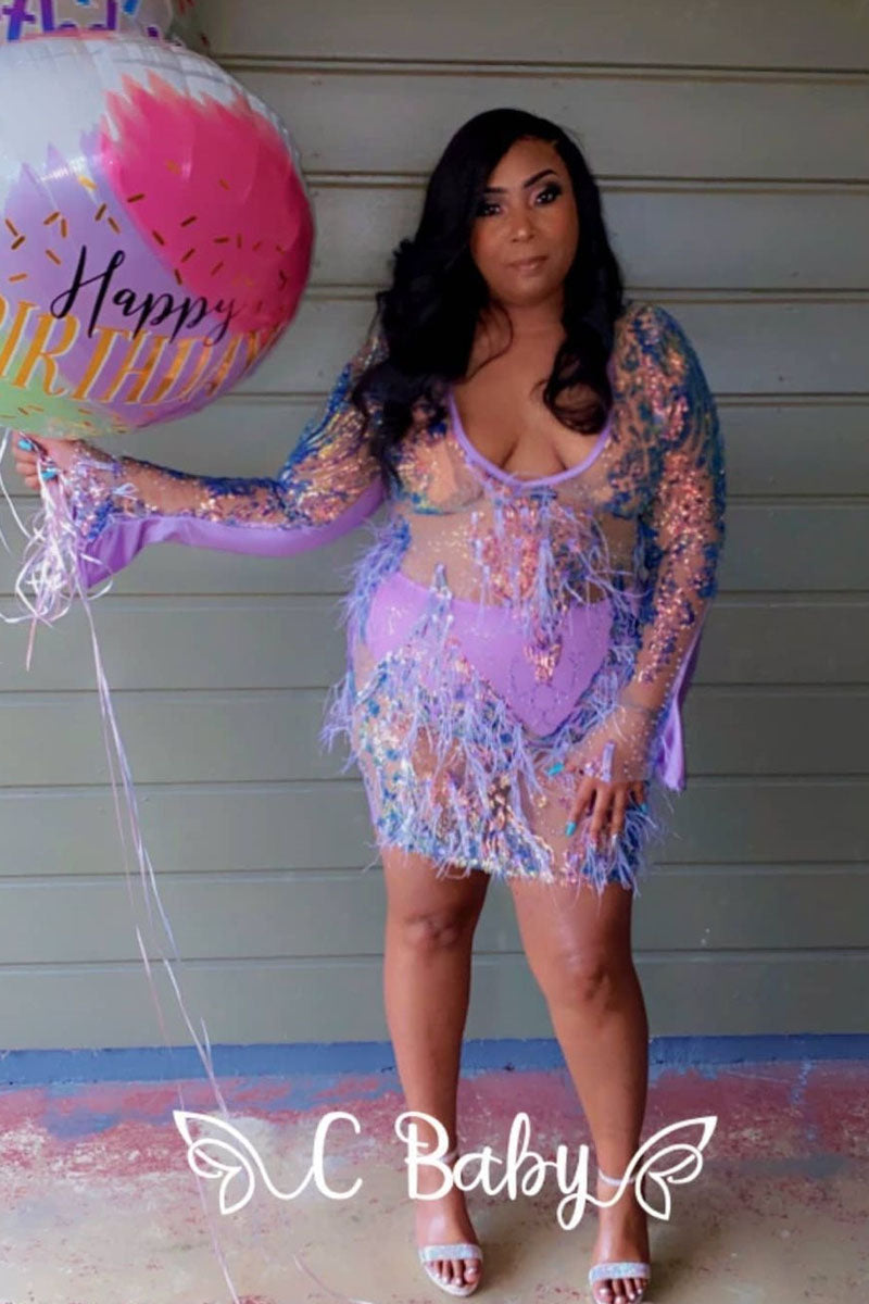 Plus Size Party See-through Feather Mini Dress(With Underpants)