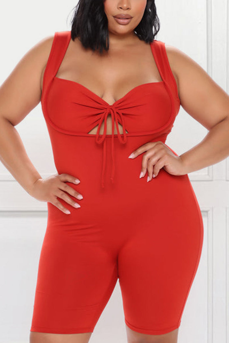 [Pre-Sale] Plus Size Casual Solid Bow Lace Up Hollowed Romper