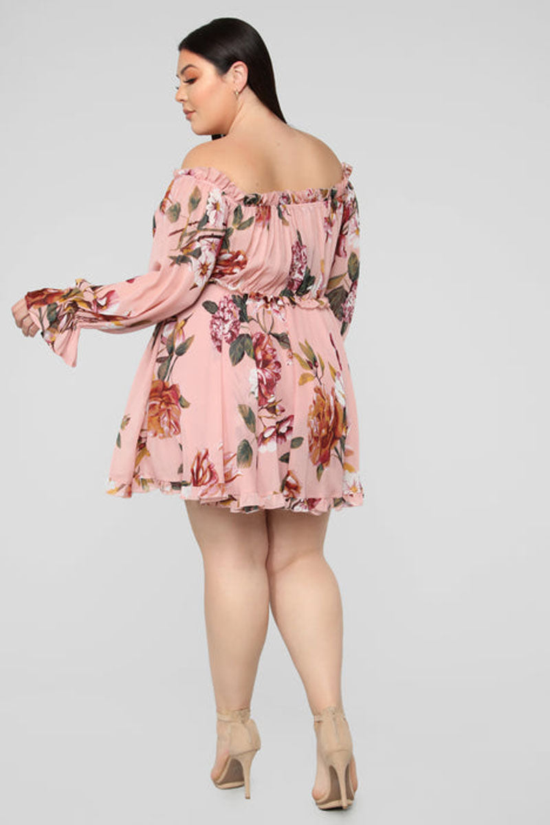 Plus Size Casual Off The Shoulder Floral Print A Line Mini Dresses