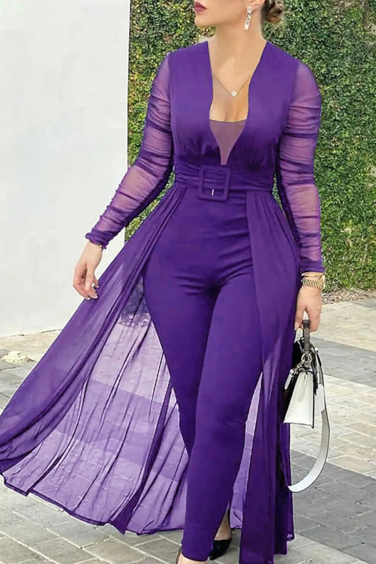 Plus Size Solid Split Joint Mesh Long Sleeves Straight Jumpsuit (With Belt)