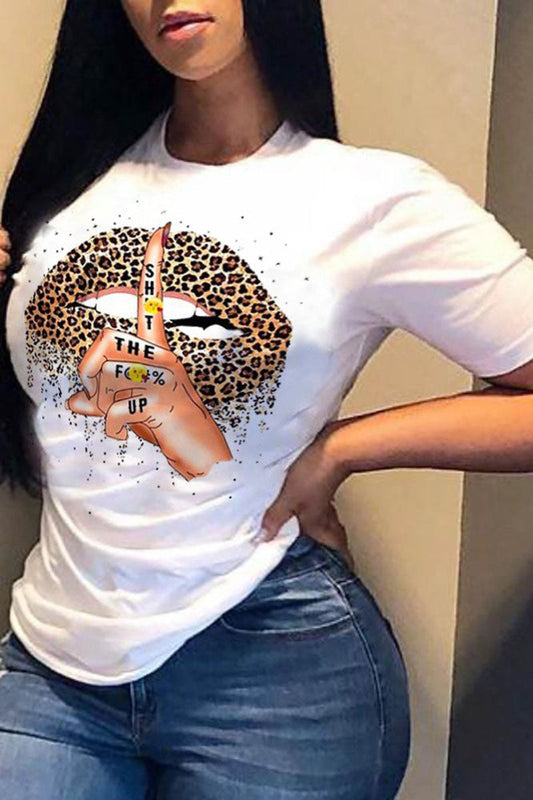 Plus Size Lip Leopard Print Round Neck Short Sleeve T Shirt