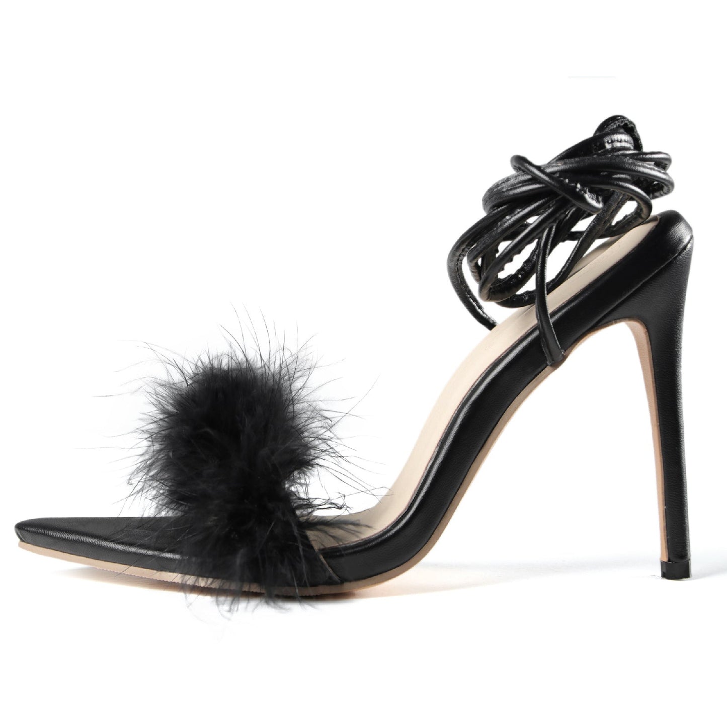 Solid Pointed Feather Decor Cross Lace Up High-Heeled Sandals