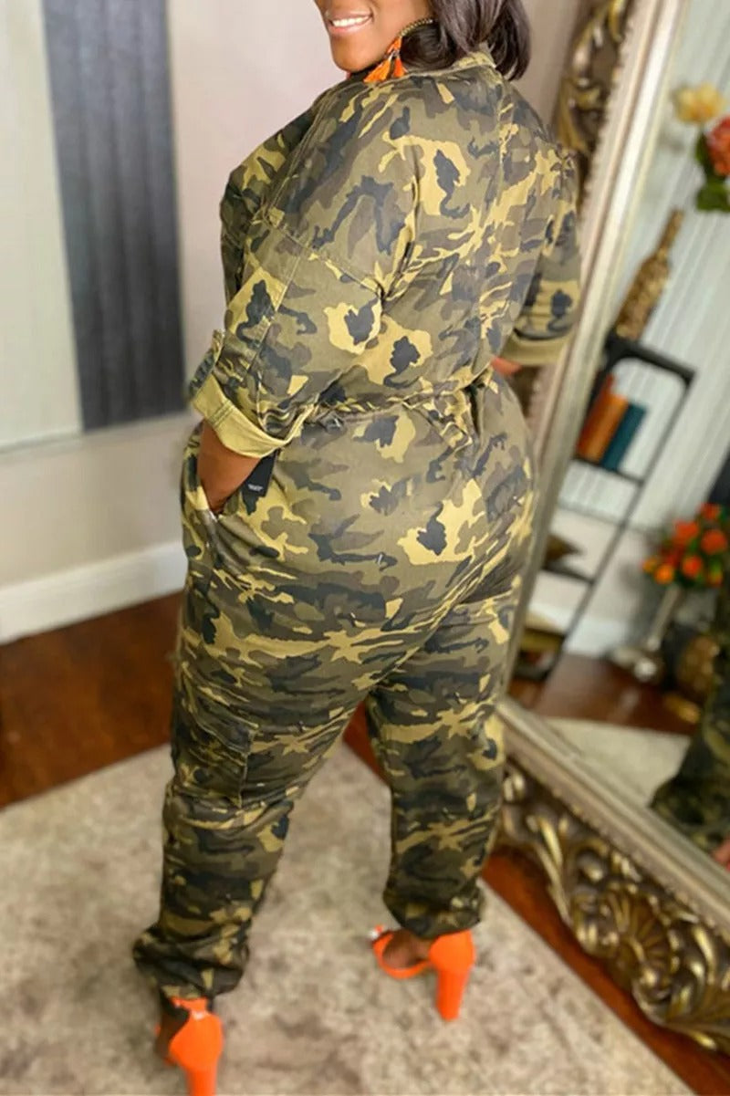 Plus Size Camouflage Print Bandage Zipper Collar Regular Jumpsuits