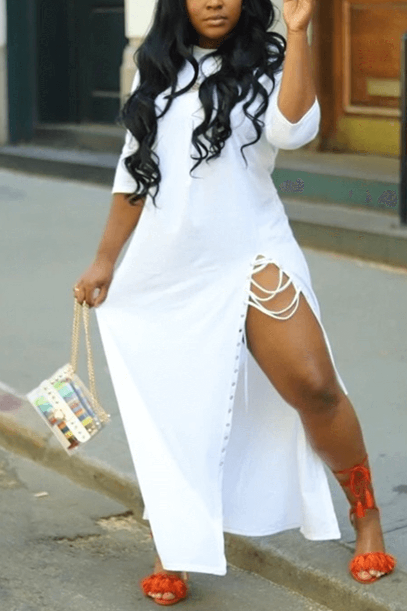 Plus Size White Casual Lace Up Half Sleeve Loose Maxi Dresses