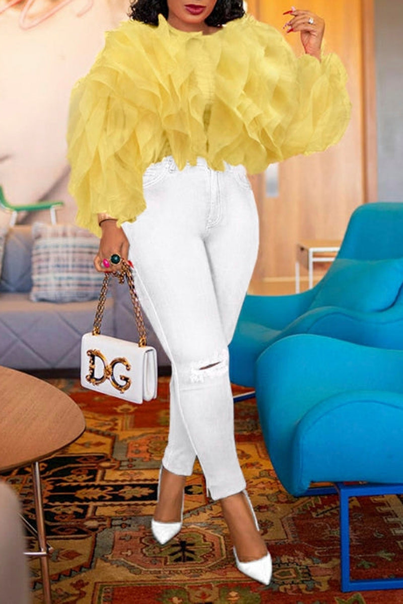 [Pre-Sale] Plus Size Casual Solid Tulle Ruffle Sleeve Blouse