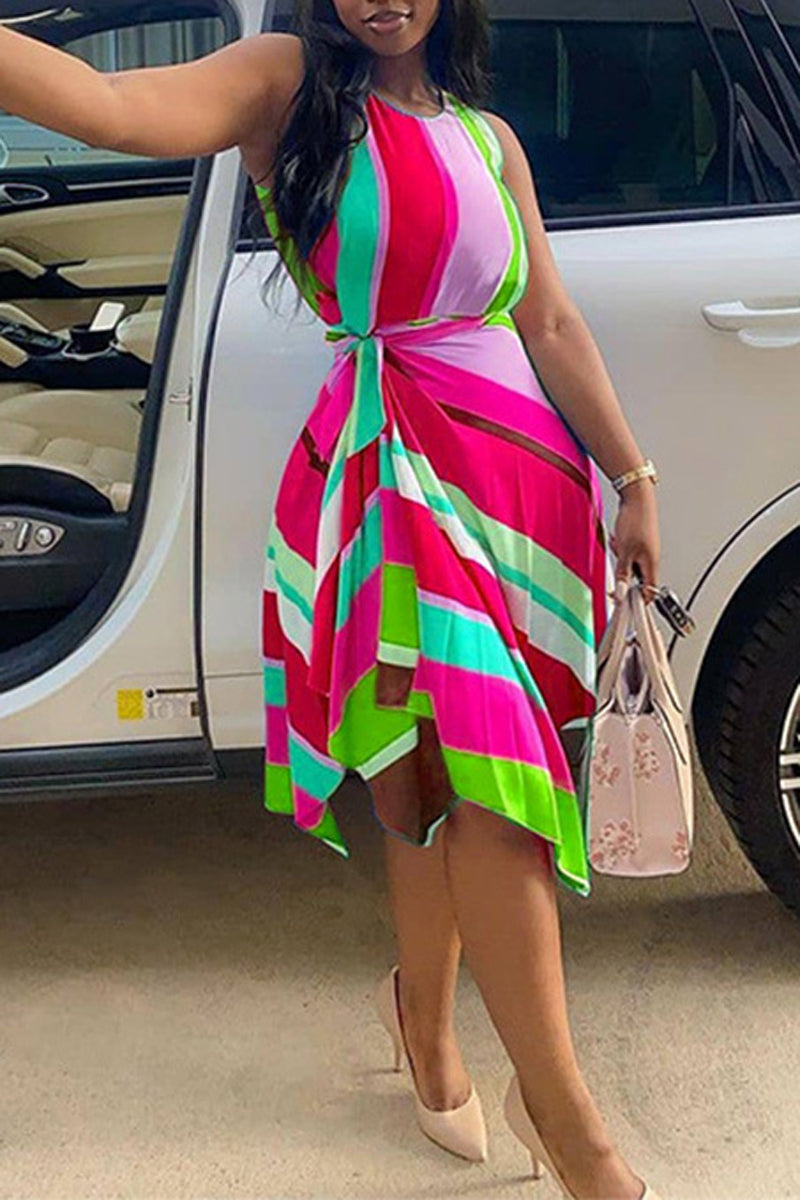 Plus Size Casual Sleeveless Striped Print Asymmetrical Summer Midi Dresses