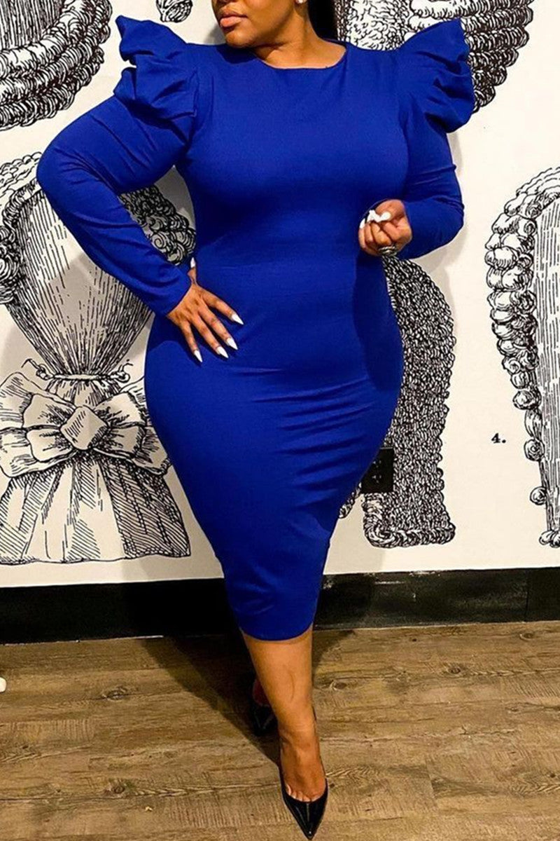 Plus Size Solid Ruffle Zipper Long Sleeve Bodycon Midi Dress