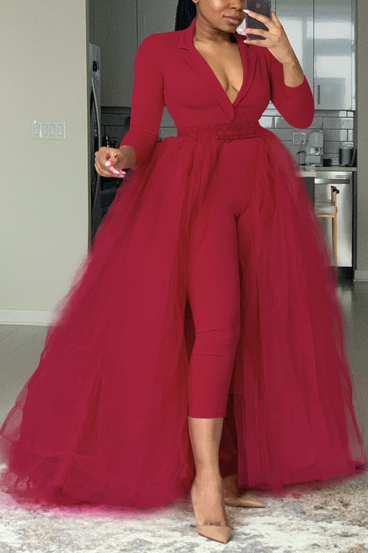Plus Size Casual  V Neck Tulle Long Sleeve Pants Jumpsuits(With Tulle Skirt)