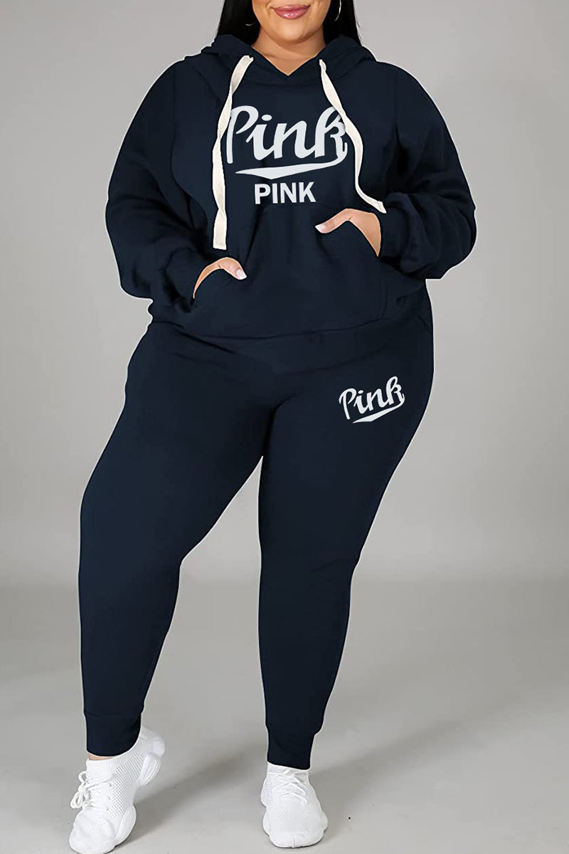 Plus Size Casual Letter Print Basic Hooded Collar Tracksuits