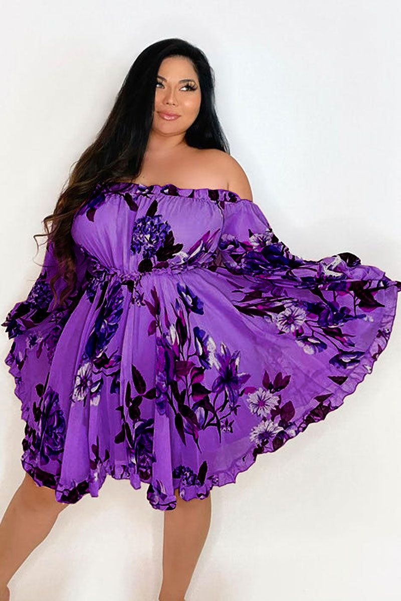 Plus Size Casual Off The Shoulder Floral Print A Line Mini Dresses