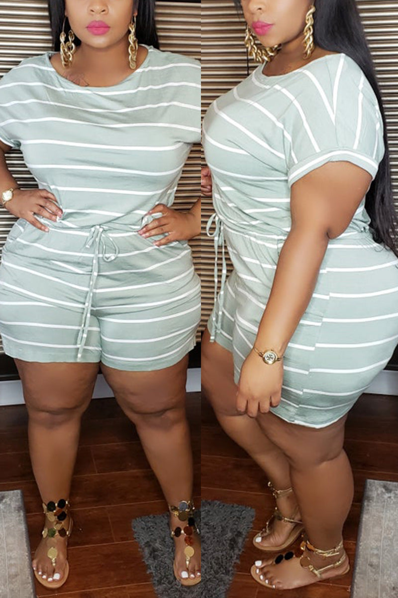 Plus Size Casual Striped Short Sleeve Romper