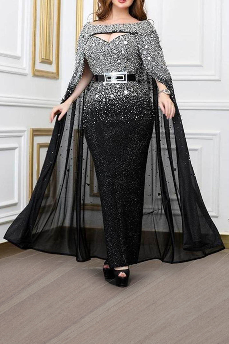 Plus Size Tulle Hollowed Out Sequin Split Joint Capes Maxi Dress(No Belt)