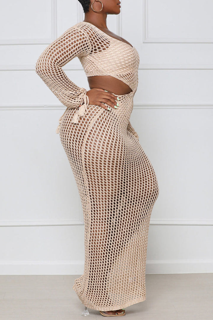 Plus Size Solid Crochet Cut Out Long Sleeve Cover Up Maxi Dresses (No Underwear)