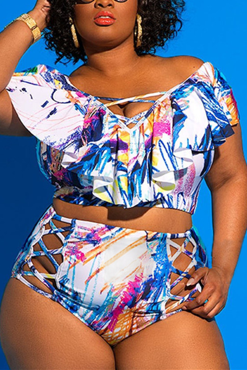 Plus Size Printed Black High Waist Swimsuit