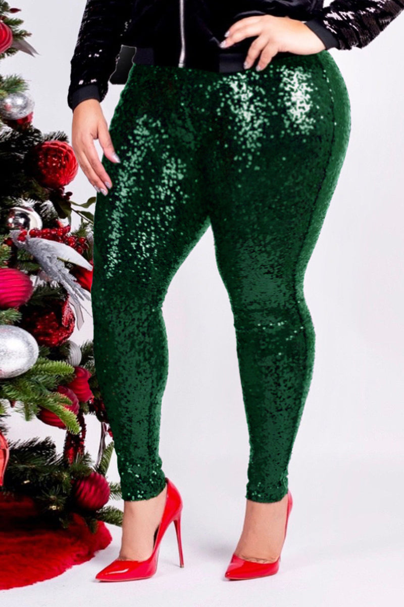 Plus Size Casual Solid Sequin Leggings Pants