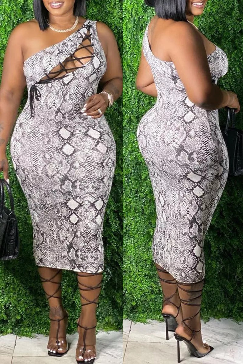 Plus Size Dress Print Bandage Hollowed Out One Shoulder Sleeveless Dress