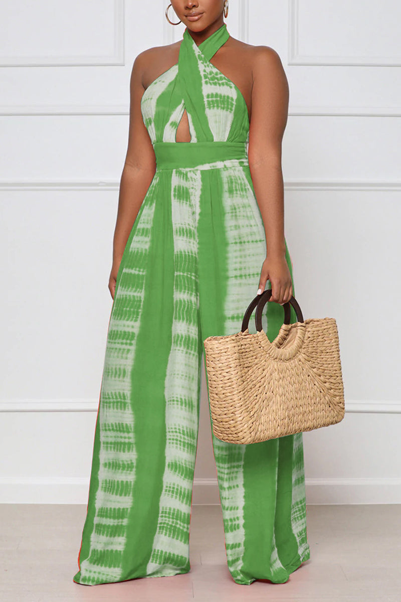 Plus Size Casual Halter Backless Printed Wide Leg Jumpsuit