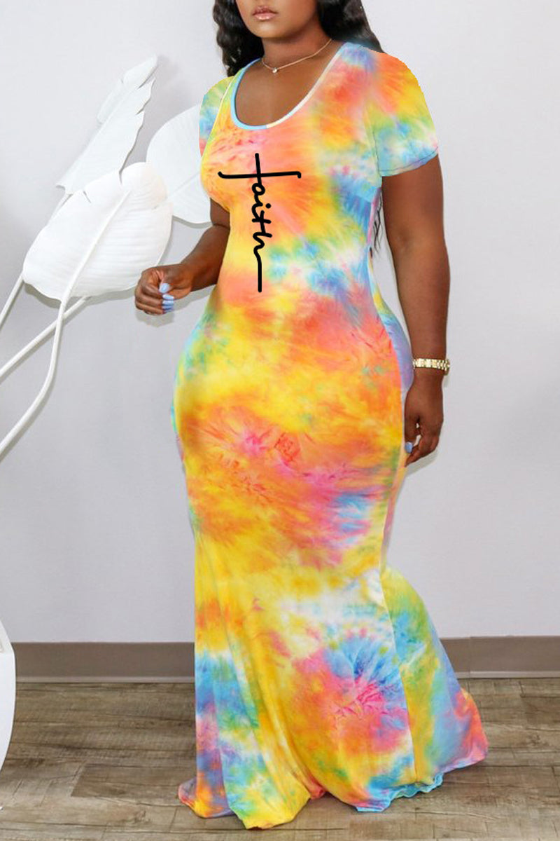 Plus Size Casual Letter Print Tie Dye Short Sleeve Maxi Dresses