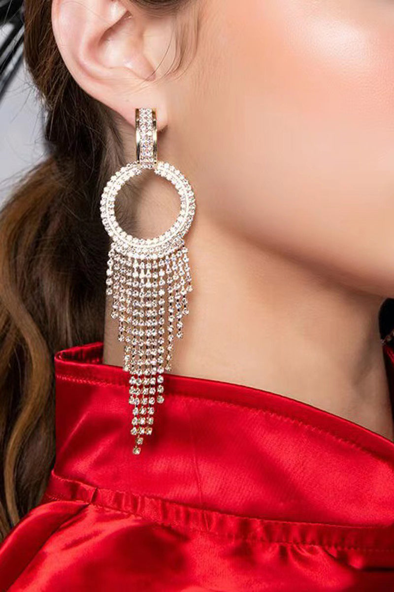 Round Long Fringe Rhinestone Earring (One Piece)