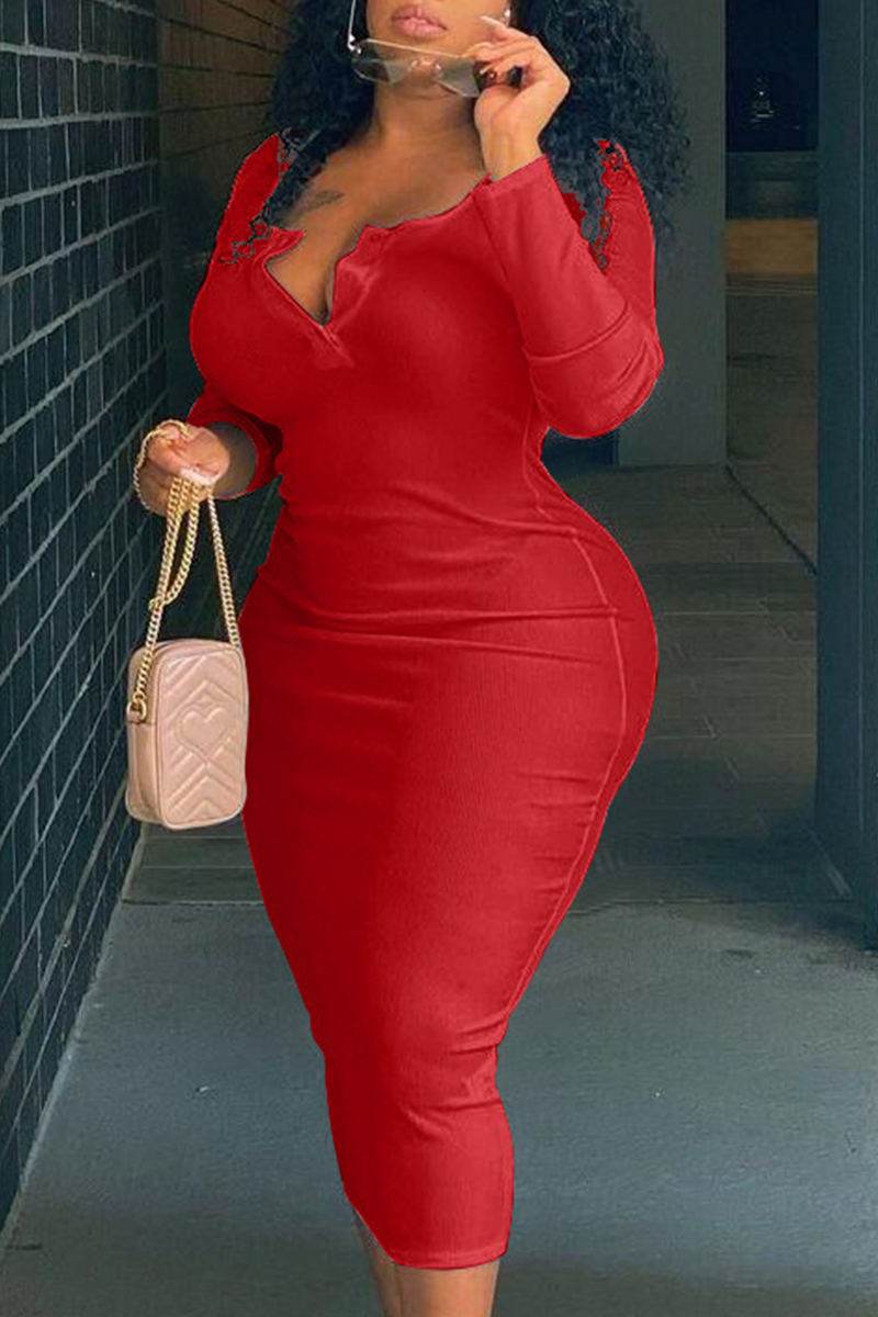 Plus Size Plain Sexy Solid Split Joint V Neck Pencil Midi Dresses