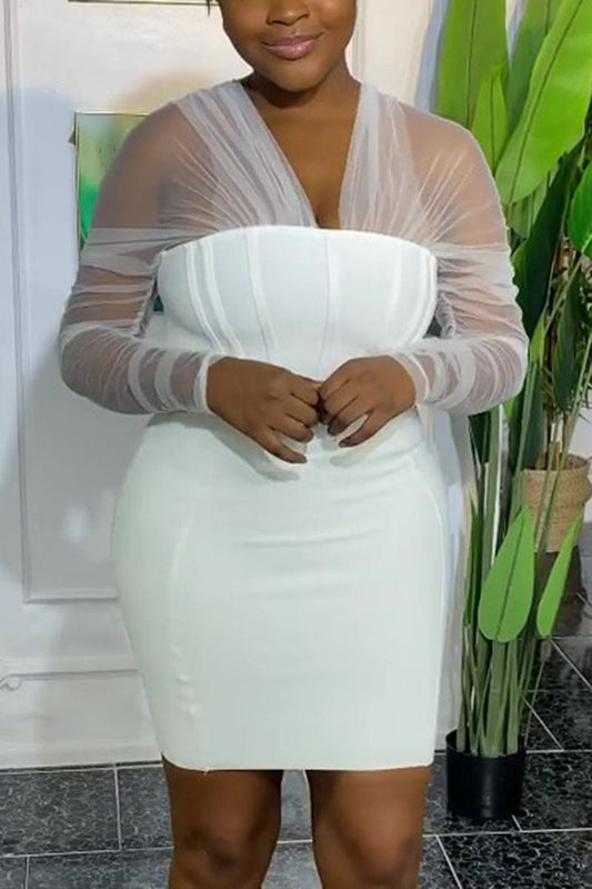 Plus Size Mesh White Solid See-Through Sleeves Mini Dresses