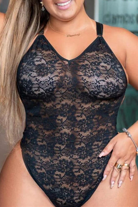 Plus Size Solid Black See-through Backless Bodysuit