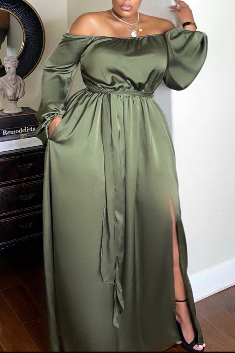 Plus Size Off Shoulder Split Joint Bandage Solid Maxi Dress