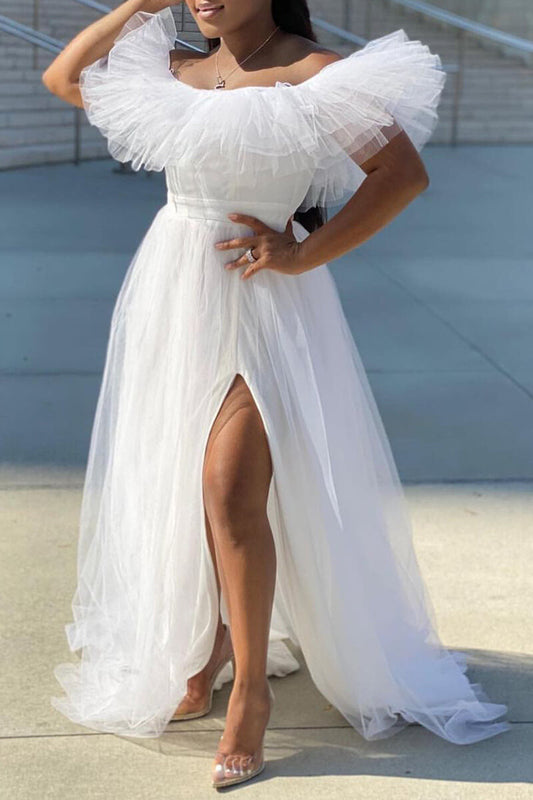 Plus Size Off The Shoulder Ruffled Tulle A-line Elegant Party Maxi Dress