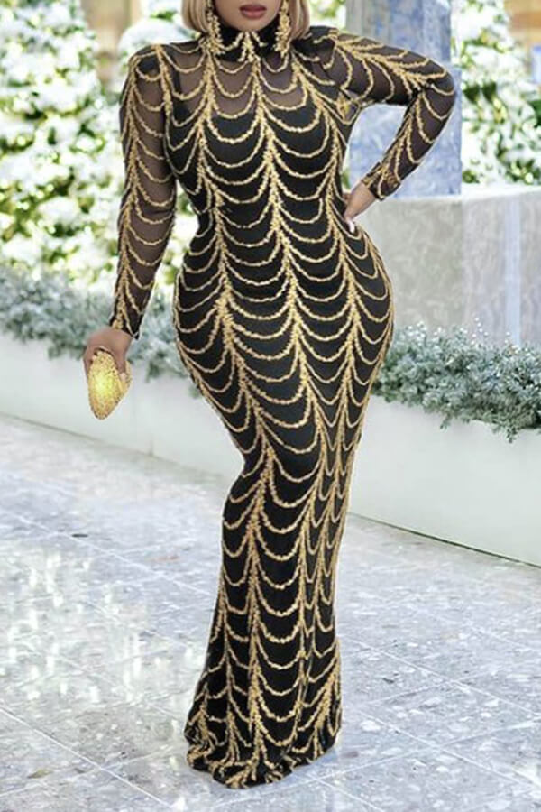 Plus Size Dresses Golden Tight Skirt Long Sleeve See-through Maxi Dress