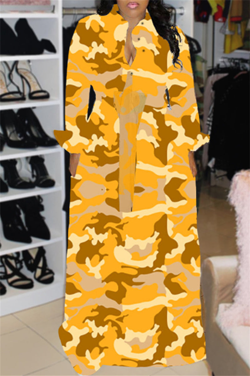 Plus Size Camouflage Print Long Sleeve Turndown Collar Maxi Dress