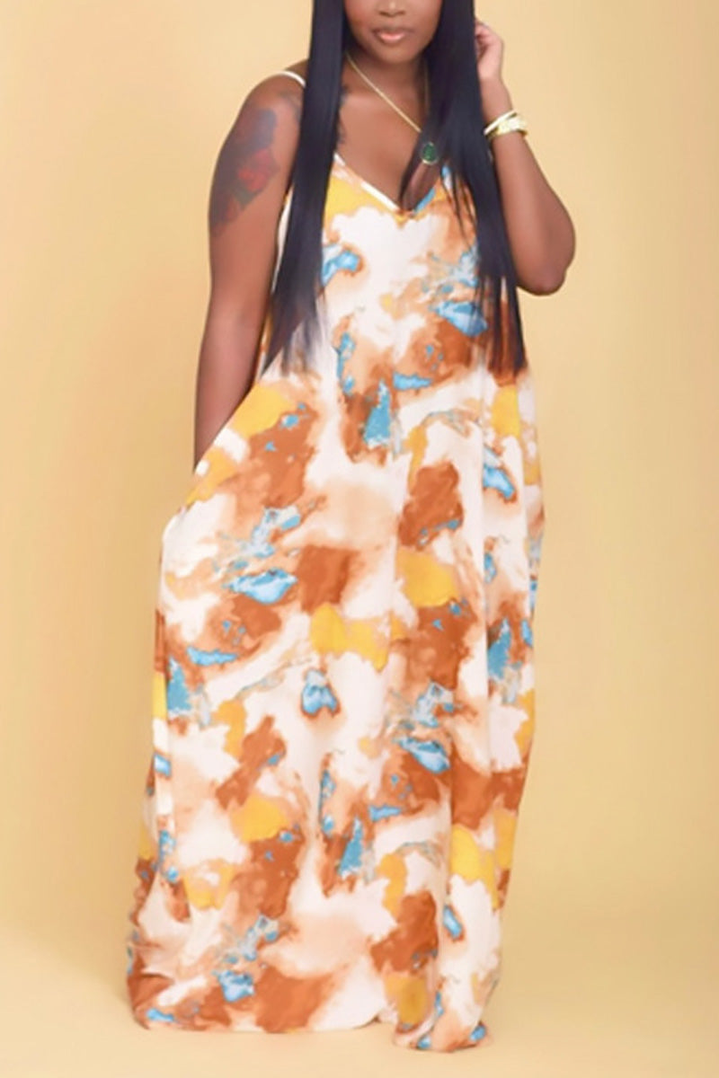 Plus Size Casual Printed Cami Loose Summer Maxi Dresses