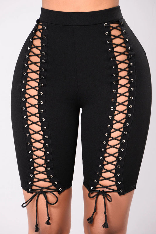[Pre-Sale] Plus Size Black High Waist Lace Up Hollow Out Cycling Shorts