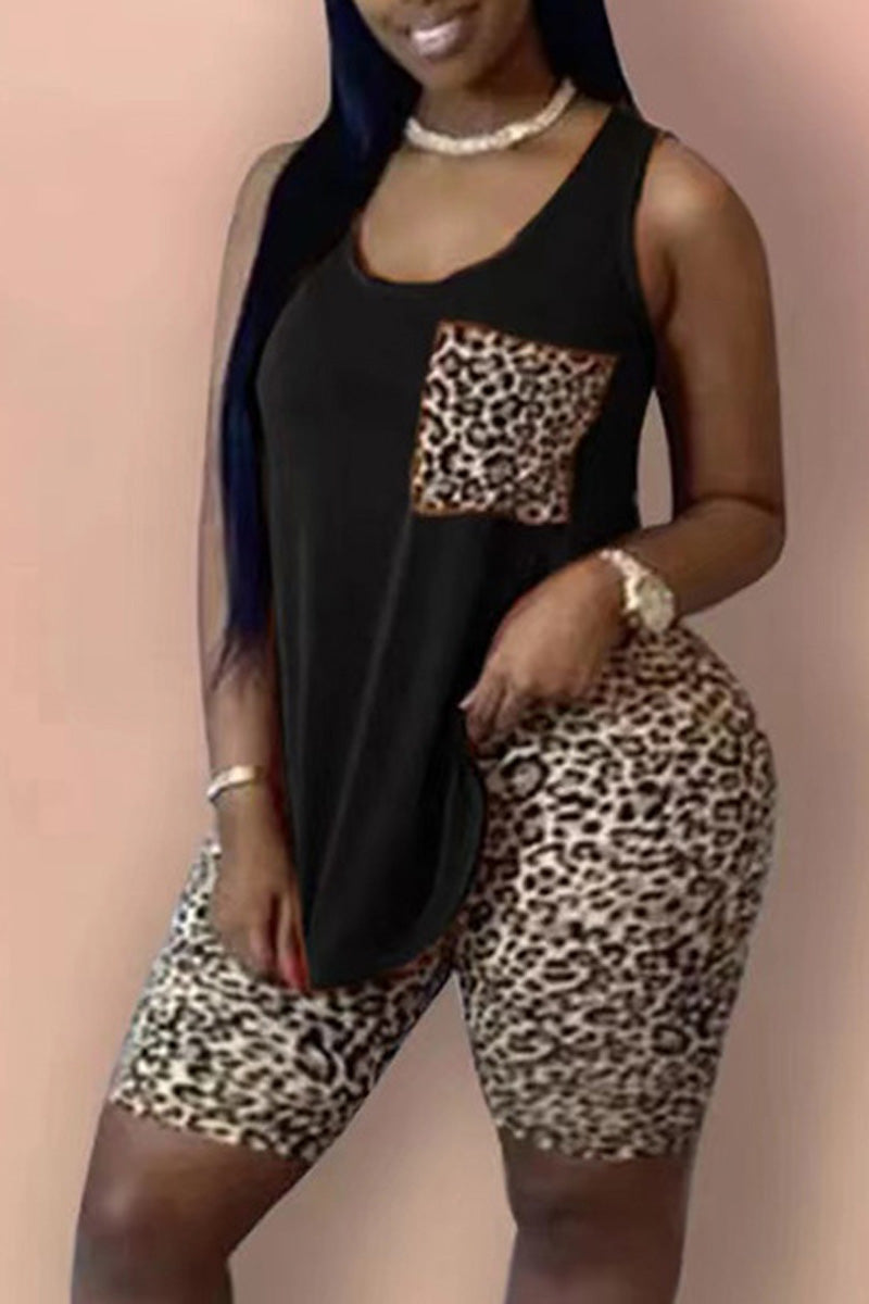 Plus Size Casual Leopard Print Tank Top Cycling Shorts Two Piece Set
