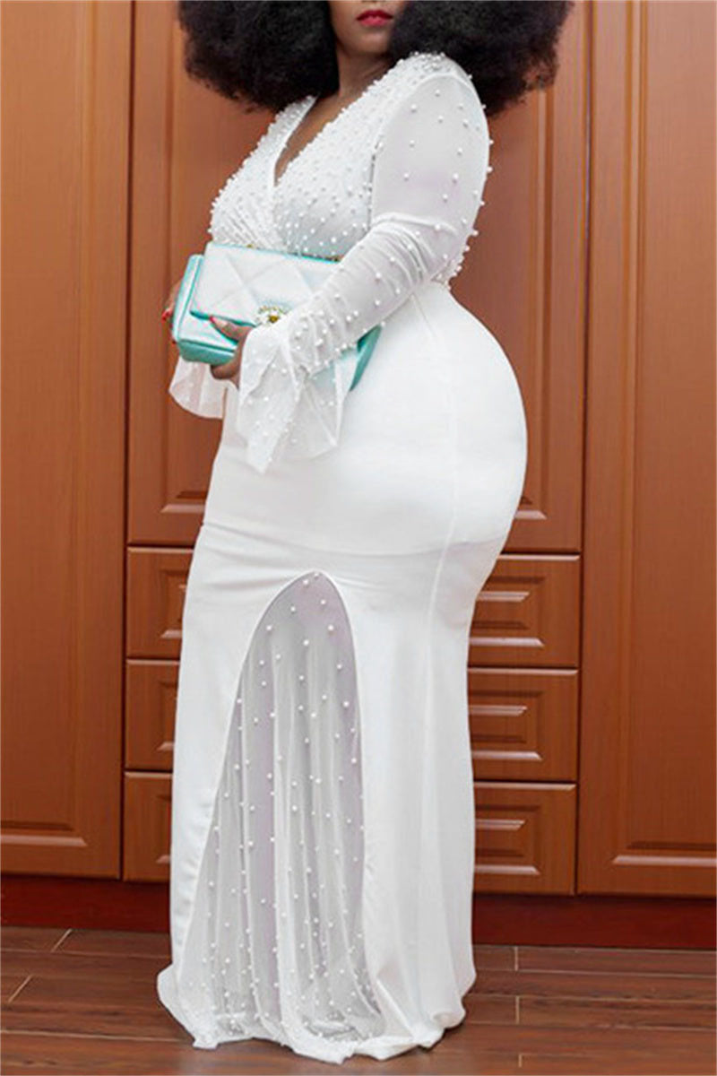 Plus Size Elegant Solid Pearls Decor Long Sleeve See-through Maxi Dresses